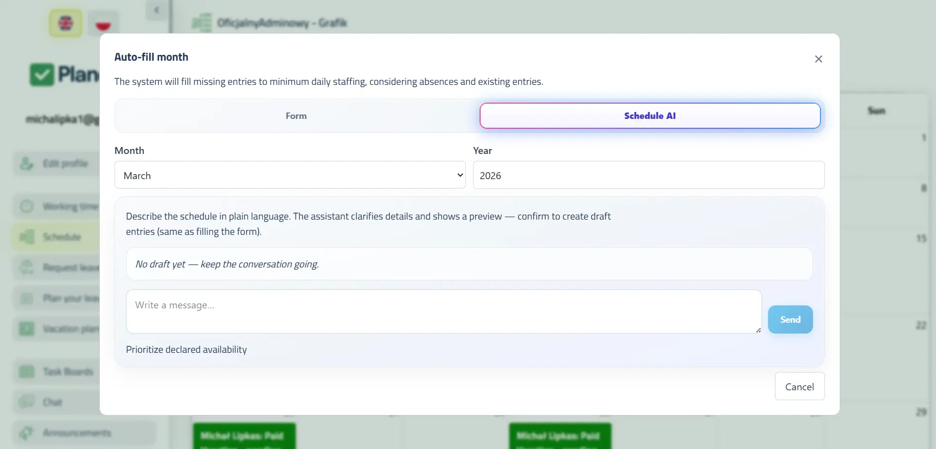Team work schedule in the Planopia app