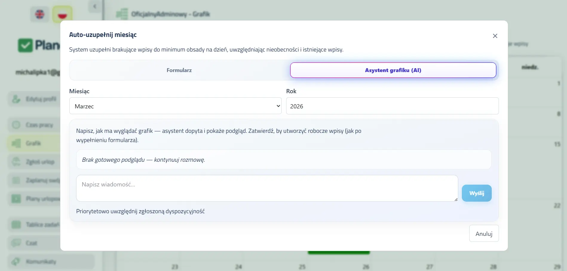 Grafik pracy zespołu w aplikacji Planopia