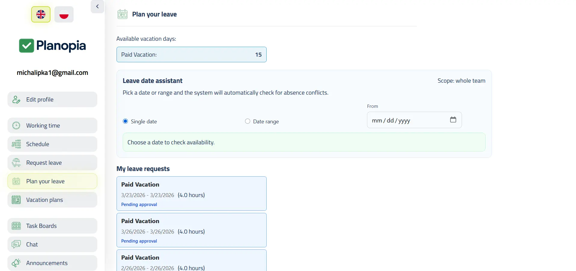 Leave calendar and leave requests in the Planopia app