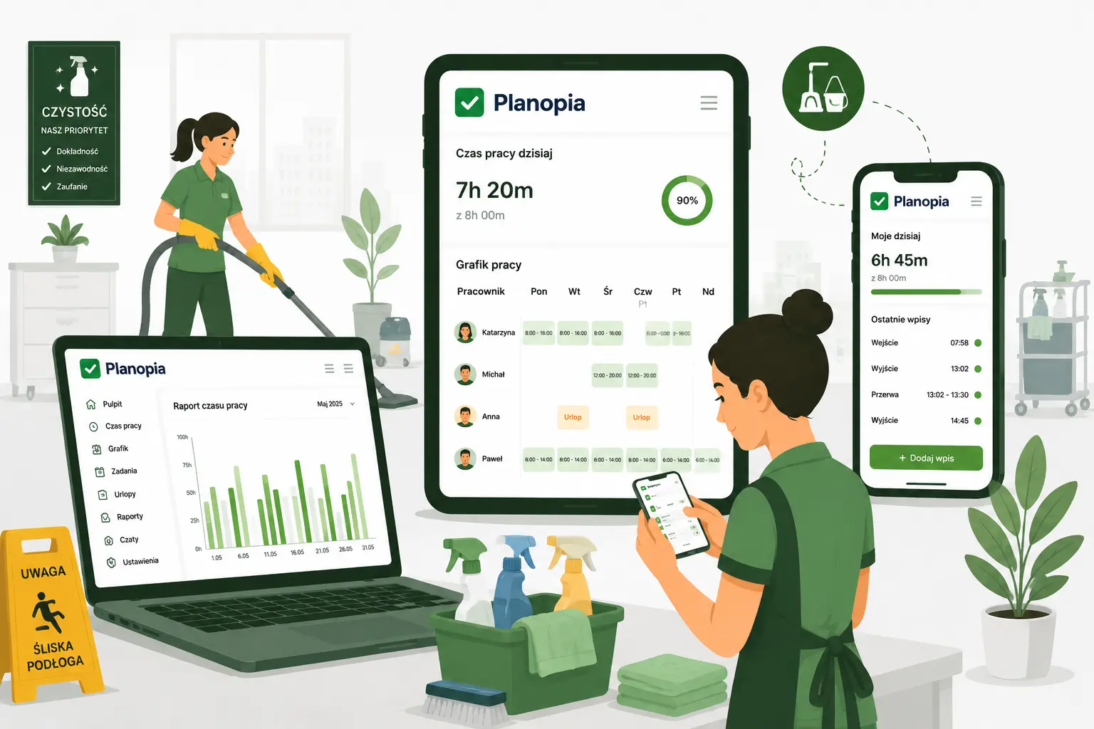 Grafik ekip i ewidencja czasu pracy firmy sprzątającej w Planopii