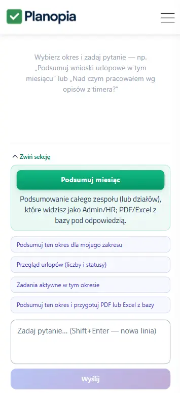Asystent AI w aplikacji Planopia — podgląd czatu