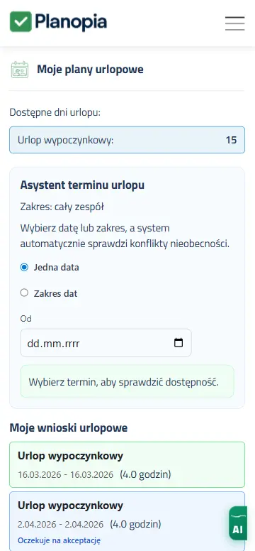 Kalendarz urlopów — widok mobilny